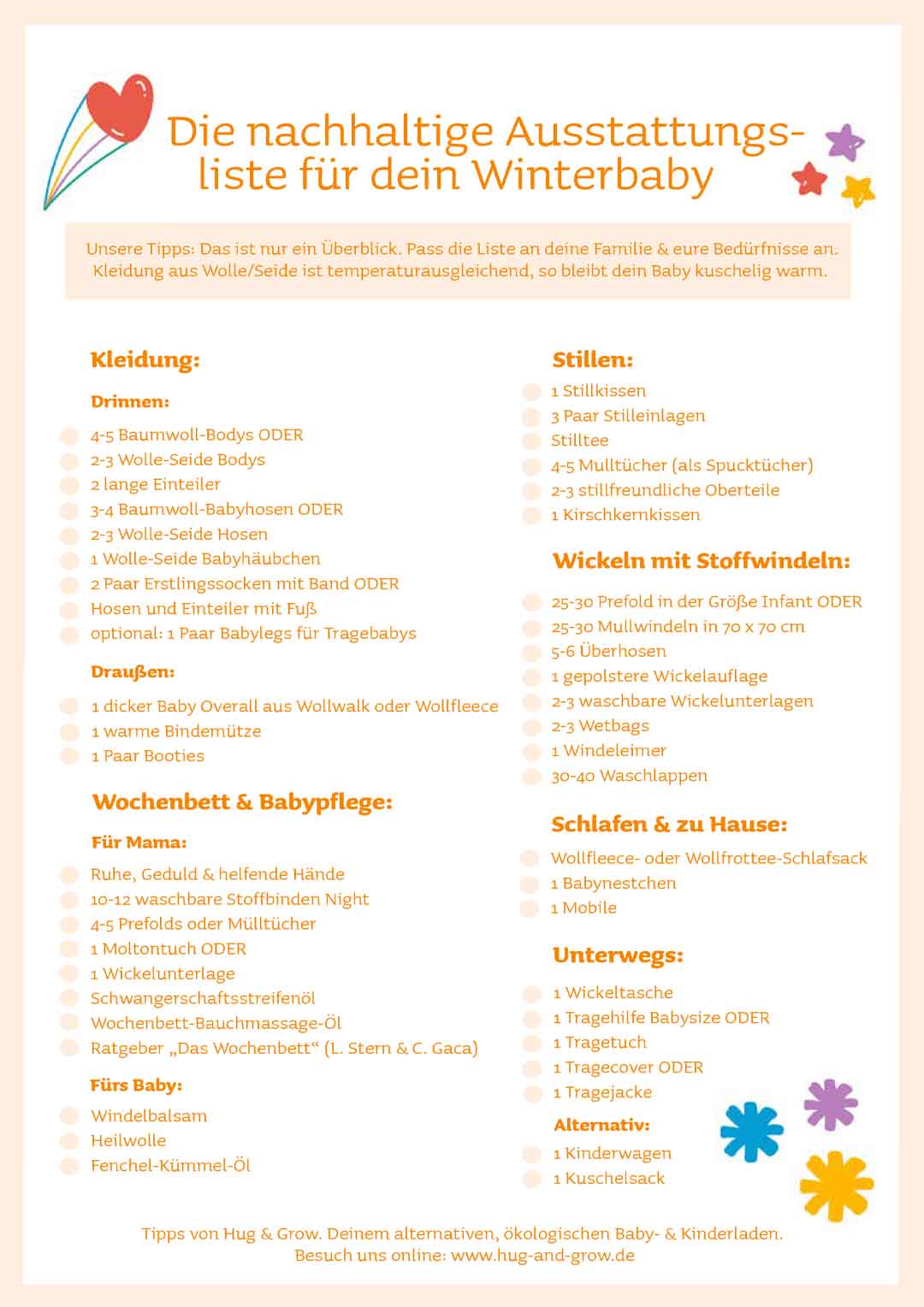 Liste mit nachhaltigen Produkten für die Babyerstausstattung für ein Baby im Winter als Download zum abhaken